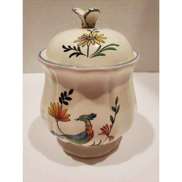 𝅺GIEN Oiseau De Paradis Creamer & Sugar Bowl and Lid France Birds and Flowers - Picture 3 of 8